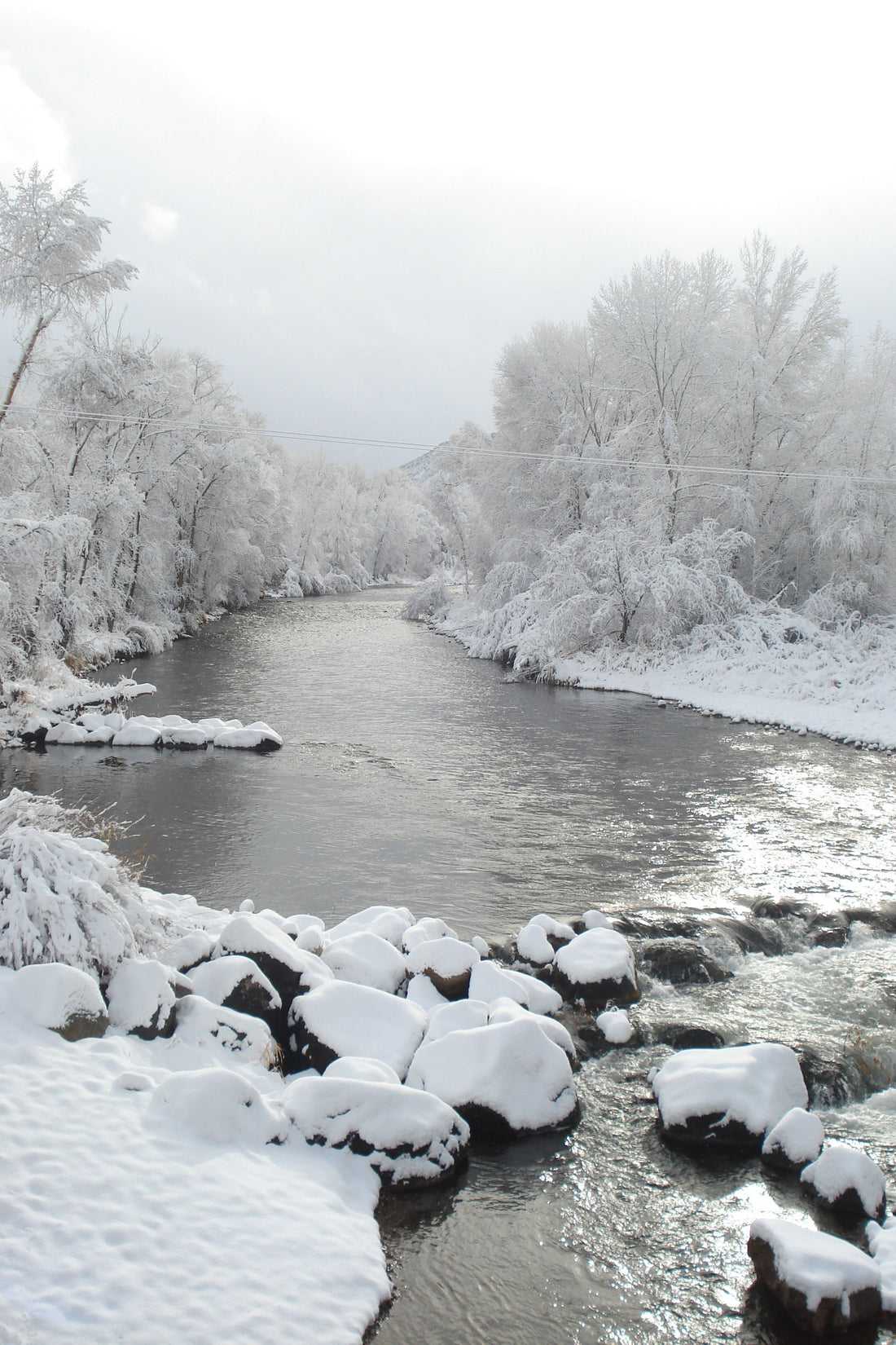 Snow covered rocks and trees along the river in Aspen